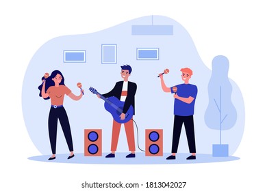 Happy young people playing musical instruments. Maracas, guitar, band flat vector illustration. Entertainment and music concept for banner, website design or landing web page