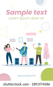 Happy young people playing musical instruments. Maracas, guitar, band flat vector illustration. Entertainment and music concept for banner, website design or landing web page