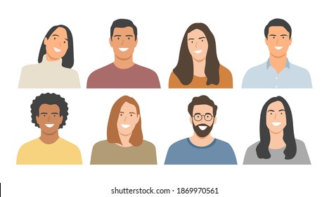 Happy young people portraits set - hand drawn flat style vector design concept illustration of young men and women, male and female faces and shoulders avatars. Flat style vector icons set