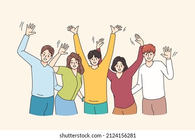 Happy young people raise hands paving having fun together. Smiling diverse friends celebrate or throw party posing for picture. Friendship and diversity concept. Flat vector illustration. 