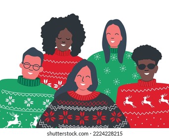 Happy young people in red and green Christmas ugly sweaters are standing together. Diverse group of people. Holiday vector illustration