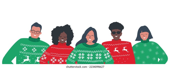 Happy young people in red and green Christmas sweaters are standing together. Diverse group of people. Holiday vector illustration