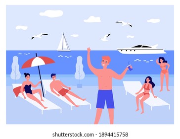 Happy young people relaxing on beach at sea. Drinking cocktails, getting tan, yacht. Flat vector illustration. Recreation, summer activity, party concept for banner, website design or landing web page