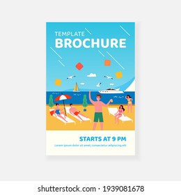 Happy young people relaxing on beach at sea. Drinking cocktails, getting tan, yacht. Flat vector illustration. Recreation, summer activity, party concept for banner, website design or landing web page