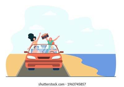 Happy young people riding on beach in car. Sea, vehicle, recorder flat vector illustration. Vacation and holiday concept for banner, website design or landing web page