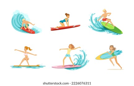 Happy young people riding surfboards set. Guys and girls riding waves, enjoying summer vacation vector illustration