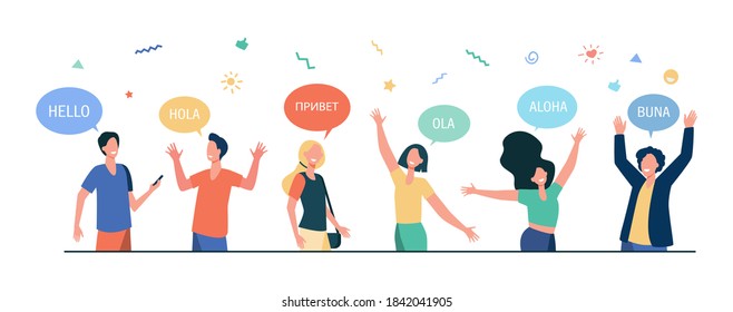 Happy young people saying hello in different languages. Students with speech bubbles and hands in greeting gesture. Vector illustration for communication, foreign languages, culture studying concept