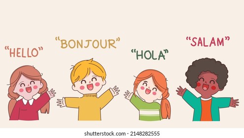 Happy young people saying hello in different languages.