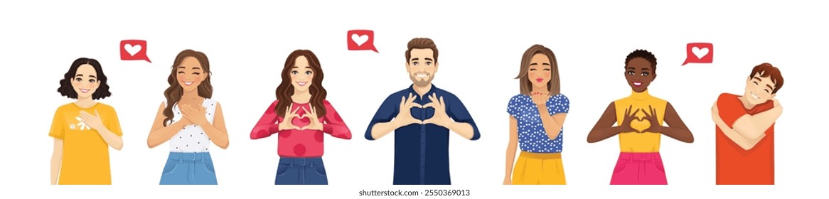 Happy young people showing love with different gestures. Vector illustration isolated set