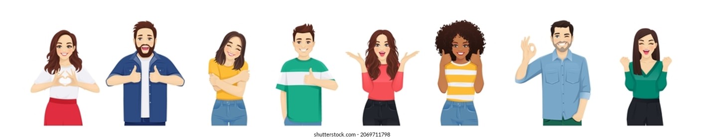 Happy young people showing positive emotions with different gestures set. Ok sign, open palms, thumbs up, hugs and hand heart vector illustration isolated on white background