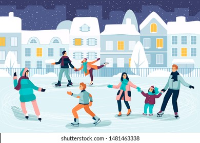 Happy young people skating. Couple, kids and family spend time on ice rink. Vector flat cartoon illustration. Outdoor winter leisure activity and seasonal sport concept.