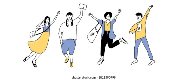 Happy young people smiling and jumping. Four waving students. Simple line doodle vector characters isolated on white background.