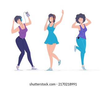 Happy young people in sports outfit listening music. Cheerful girls and woman enjoying music wearing headphones and dancing. People enjoying leisure time or doing morning exercises in park flat vector