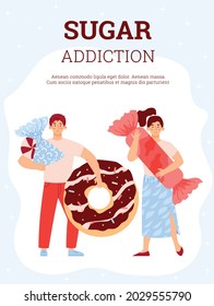 Jóvenes felices con adicción al azúcar sosteniendo postres dulces - donuts y dulces. Personas adictas a la deliciosa comida basura. Ilustración vectorial de dibujos animados planos. Afiche colorido.