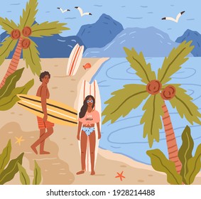 Happy young people with surfboards on tropical beach in summer. Smiling surfers on sea or ocean coast. Summertime activity at exotic resort. Flat vector illustration of man and woman at seaside