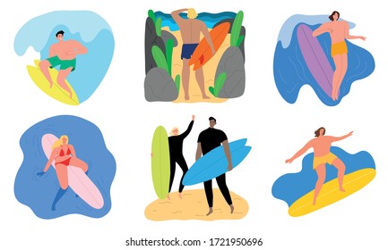 Happy young people in swimwear enjoying water surfing during trip vector illustration