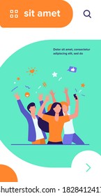 Happy young people taking photo via mobile phone flat vector illustration. Cheerful group of characters having fun and posing for picture. Digital technology and friendship concept