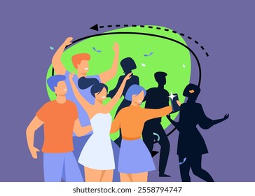 Happy young people taking selfie on smartphone while dancing and having fun at concert in night club. Vector illustration for party, entertainment, friends concept