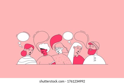 Happy young people talking with colorful chat bubbles. Diverse male and female people in flat cartoon style isolated chatting for communication concept or community meeting. Illustration for web.