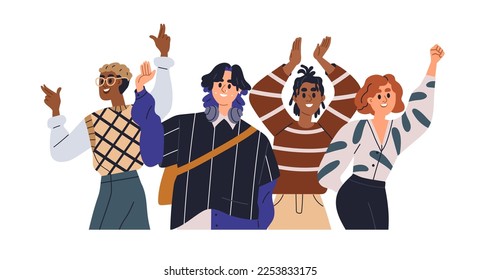 Happy young people together, group portrait. Diverse joyful excited characters smiling, gesturing with joy. Joyous cheerful positive men, women. Flat vector illustration isolated on white background