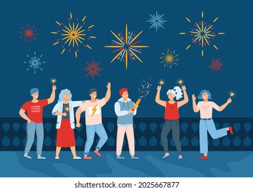 Happy young people watching colorful holiday fireworks in night sky. Festive pyrotechnics show, celebration new year or fun party with salutes. Flat cartoon vector illustration.