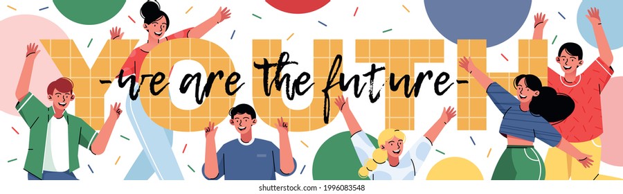 Happy young people waving hands flat vector illustration.Smiling men and women on a white background with geometric shapes.  - Shutterstock ID 1996083548