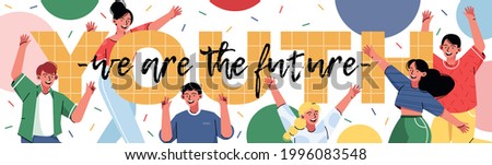 Happy young people waving hands flat vector illustration.Smiling men and women on a white background with geometric shapes. 