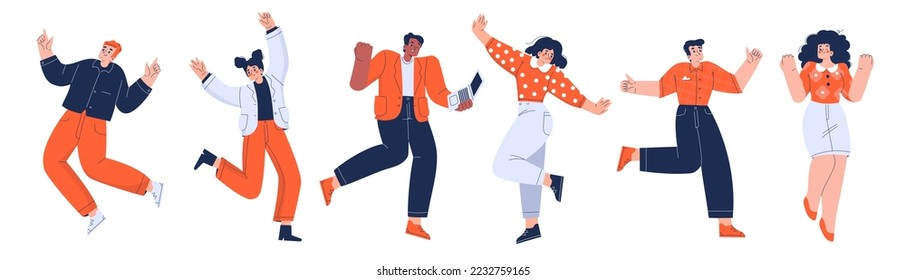 Jóvenes felices, trabajadores o estudiantes bailan y disfrutan. Diversos empleados emocionados se divierten, celebran juntos, vector ilustración plana aislada en fondo blanco