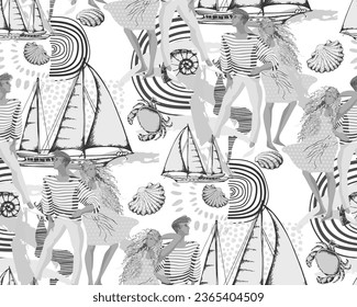 Happy young people and yachts and summer holidays. Seamless pattern. Fashion textiles, fabric, packaging