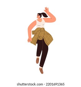 Happy young person in earbuds dancing to music. Excited girl in wireless earphones listening to song, jumping with joy, fun. Woman enjoying audio. Flat vector illustration isolated on white background