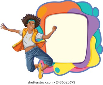 Happy young person jumping beside a vibrant frame.