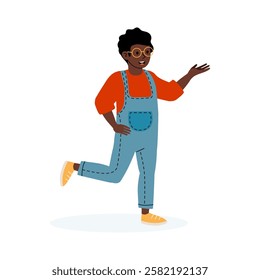 Happy young person in overalls joyfully running and waving with enthusiasm