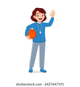 happy young physical education teacher holding ball