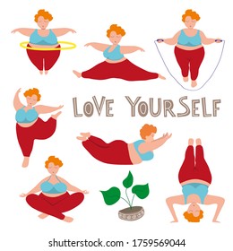 Happy young plus size girl is engaged in fitness and yoga. Hand lettering Love yourself. Flower in a pot. The concept of an active healthy lifestyle. Positive attitude towards the body.