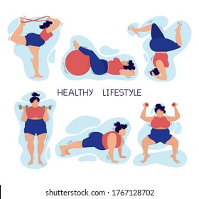 Happy young plus-size girl doing fitness and yoga. The concept of an active healthy lifestyle. Positive attitude to the body.