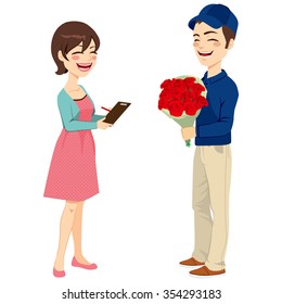 Happy young postman delivering flowers to beautiful housewife woman signing receipt