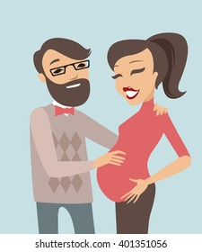 Happy and young pregnant couple flat illustration