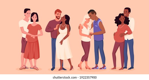 Happy young pregnant couple vector illustration. Cartoon man character touching belly of pregnant wife with love, pretty future mother and father standing together, pregnancy motherhood background