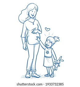 Happy young pregnant mother in casual clothes with young girl (appx. 3 years old) touching mom's belly. Hand drawn line art cartoon vector illustration.