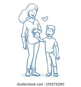 Happy young pregnant mother in casual clothes with young boy (appx. 7 years old) touching mom's belly. Hand drawn line art cartoon vector illustration.