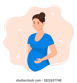 Happy young pregnant woman with big belly. Beautiful pregnant woman character. Girl expecting a baby. Maternity concept. Vector Illustration