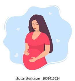 Happy young pregnant woman with big belly. Beautiful pregnant woman character. Girl expecting a baby. Maternity concept. Vector Illustration