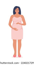 Happy young pregnant woman with big belly. Beautiful pregnant woman character. Girl expecting a baby. Maternity concept. Vector Illustration