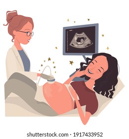 
Happy young pregnant woman at the doctor's appointment makes ultrasound screening of pregnancy. Medicine, gynecology. Cartoon illustration, vector.