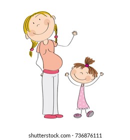 Happy young pregnant woman with her little daughter - original hand drawn illustration