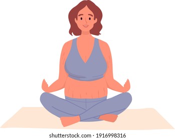Happy Young pregnant woman in lotus pose doing yoga at home. Prenatal sport exercise, aerobic activity, meditation, relax. Happy motherhood healthy lifestyle, sportswear