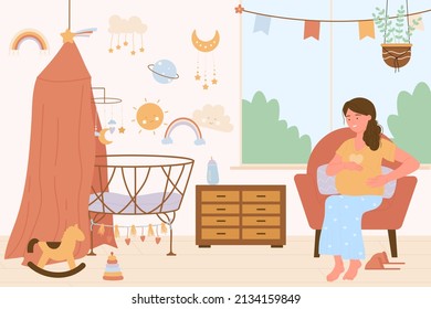 Happy young pregnant woman sitting near window of babys nursery at home. Mom preparing beautiful room interior with crib and toys for kid flat vector illustration. Pregnancy, maternity, family concept