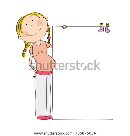 Happy young pregnant woman standing behind blank banner / board with pink baby booties pinned on it - space for your text on white background - it's a girl - original hand drawn illustration.