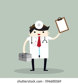 Happy Young professional doctors hold clipboard. Vector illustration 