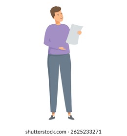 Happy young professional man holding document illustration in vector format on a light background. Smiling and confidently reading paperwork for office work. Corporate presentation
